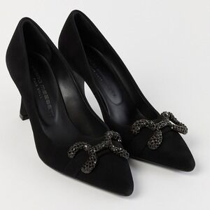 Marco Massetti Black Suede‎ Rhinestone Bow Pumps Italy EU 37 US 6.5–7